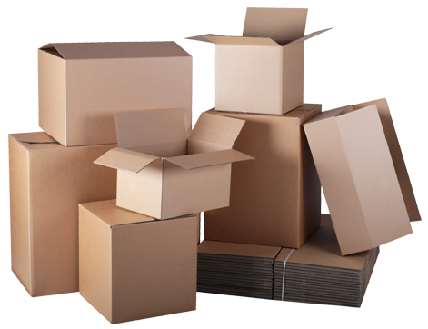 A stack of stock size cardboard boxes on a black background.