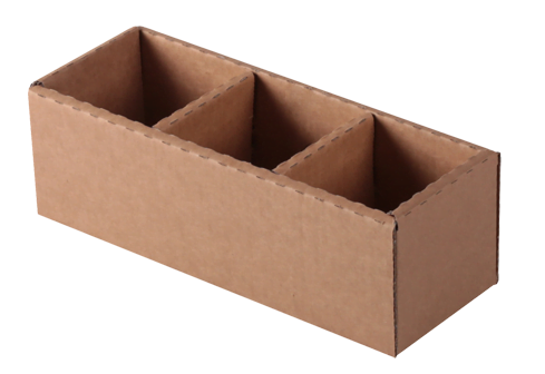 A custom brown cardboard box with three compartments for parts.
