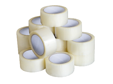 Six rolls of clear packaging tape on a black background.