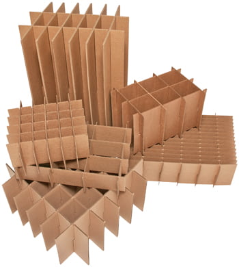 A pile of corrugated boxes with dividers stacked on top.