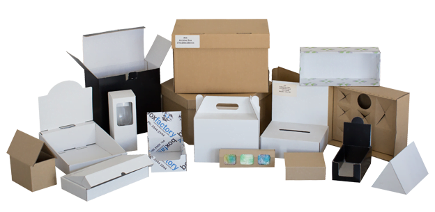 Custom cardboard boxes with a variety of products.