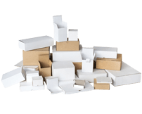 A cluster of white cardboard boxes on a black background.