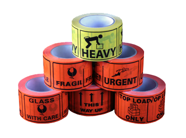 A stack of packaging tape rolls in vibrant orange and yellow colors, adorned with noticeable signs.