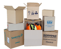 A collection of cardboard boxes holding assorted objects.