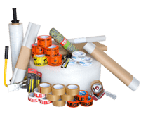 A variety of tapes, tape dispensers, and other supplies for packaging and shipping boxes.