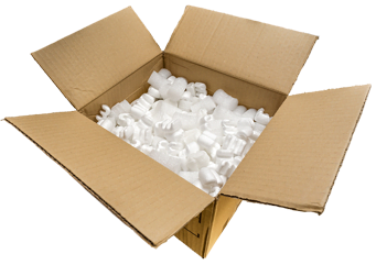 A box filled with white foam cubes, commonly used in packaging supplies.