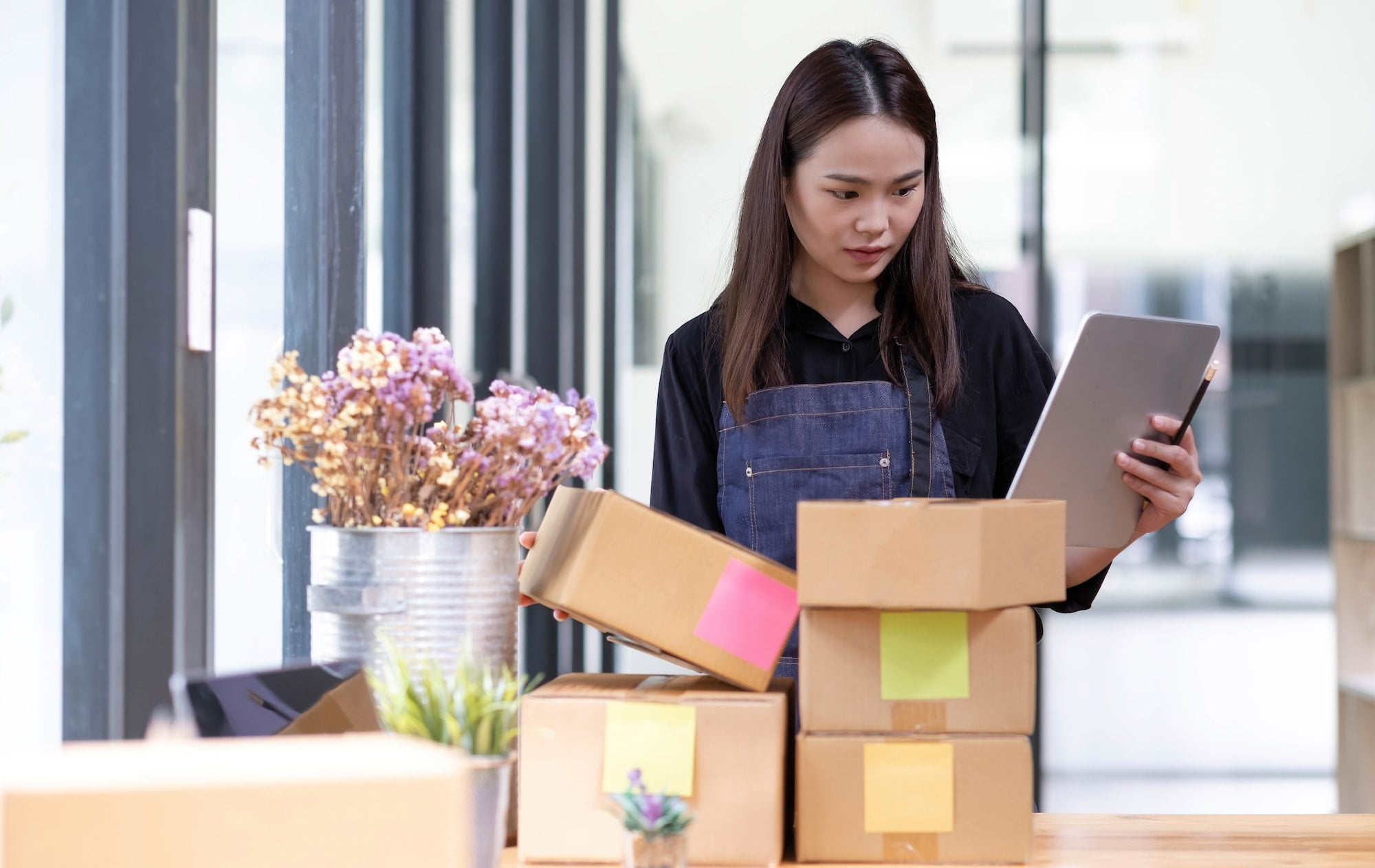 Asian woman working in the office with boxes and a tablet.